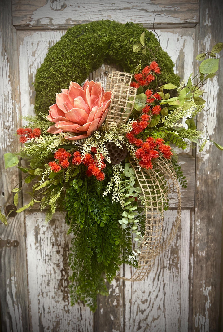 Spring Lotus Blossom Moss Wreath - Meadow Thistle with Natural Jute Netting