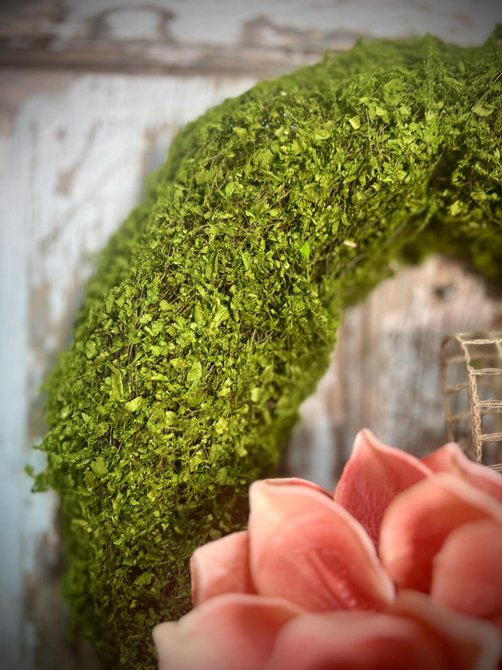 Spring Lotus Blossom Moss Wreath - Meadow Thistle with Natural Jute Netting