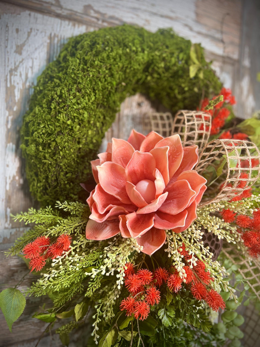 Spring Lotus Blossom Moss Wreath - Meadow Thistle with Natural Jute Netting