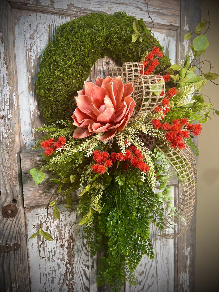 Spring Lotus Blossom Moss Wreath - Meadow Thistle with Natural Jute Netting