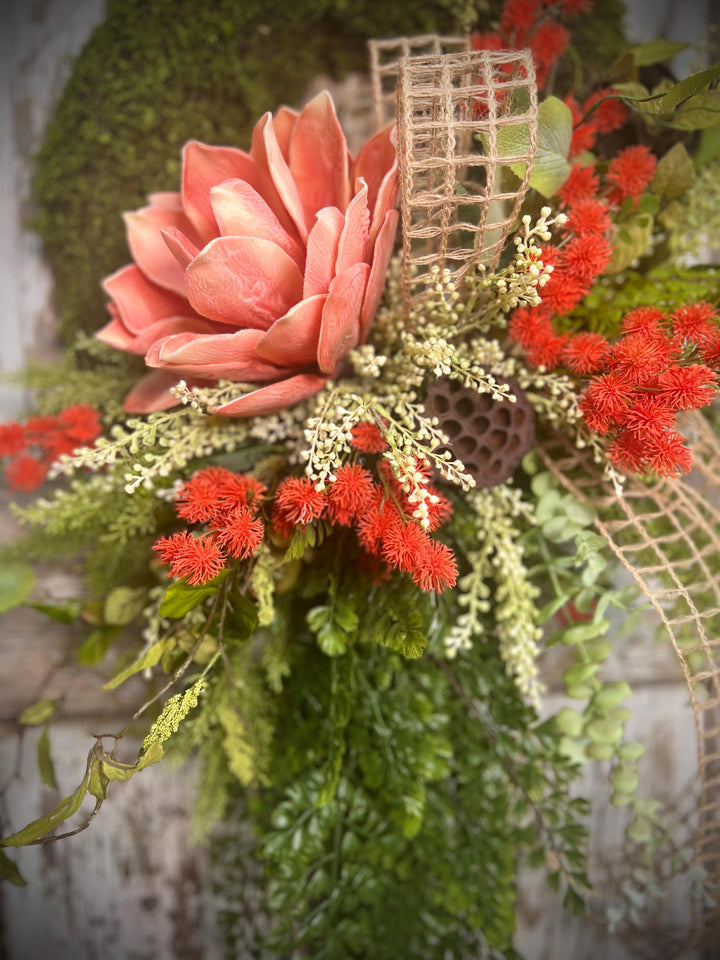 Spring Lotus Blossom Moss Wreath - Meadow Thistle with Natural Jute Netting