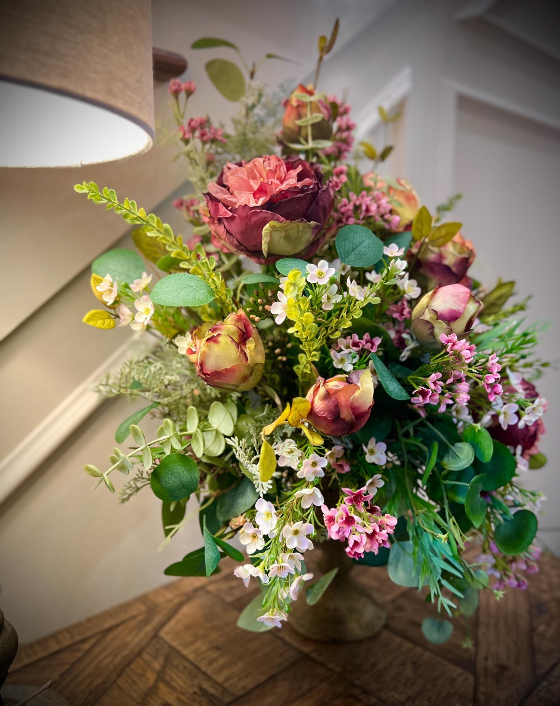 Cabbage Rose Table Arrangement - Vintage Container- Front Facing Arrangement