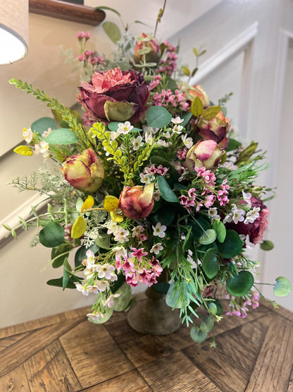 Cabbage Rose Table Arrangement - Vintage Container- Front Facing Arrangement