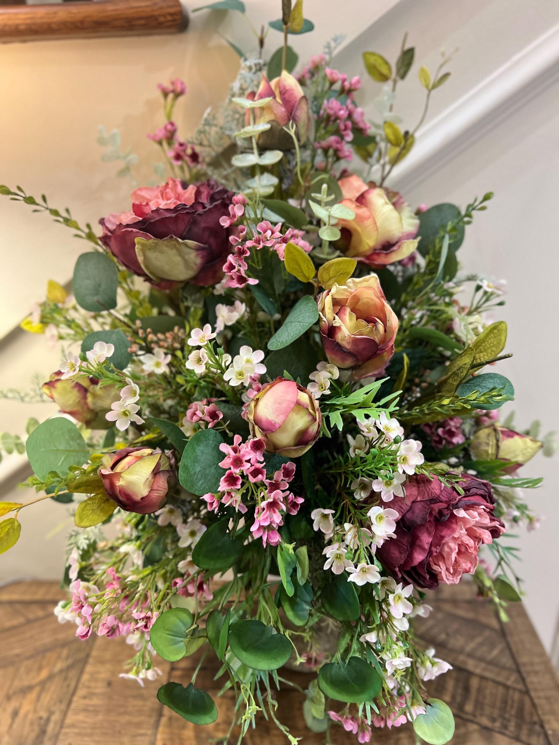 Cabbage Rose Table Arrangement - Vintage Container- Front Facing Arrangement