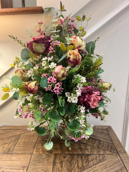 Cabbage Rose Table Arrangement - Vintage Container- Front Facing Arrangement