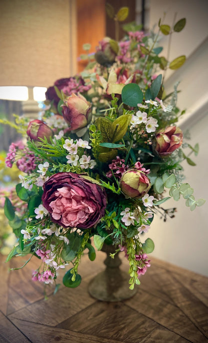 Cabbage Rose Table Arrangement - Vintage Container- Front Facing Arrangement