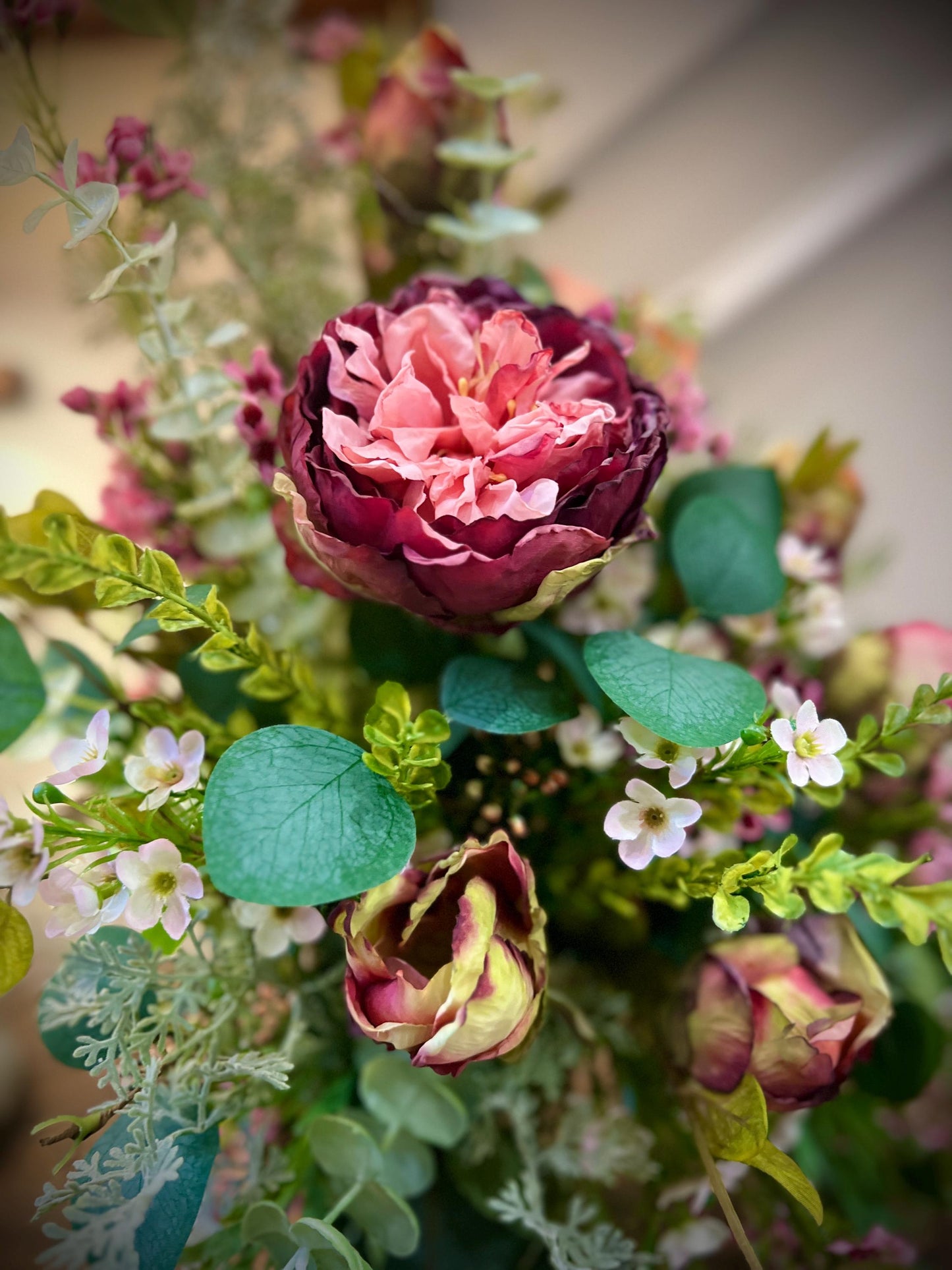 Cabbage Rose Table Arrangement - Vintage Container- Front Facing Arrangement