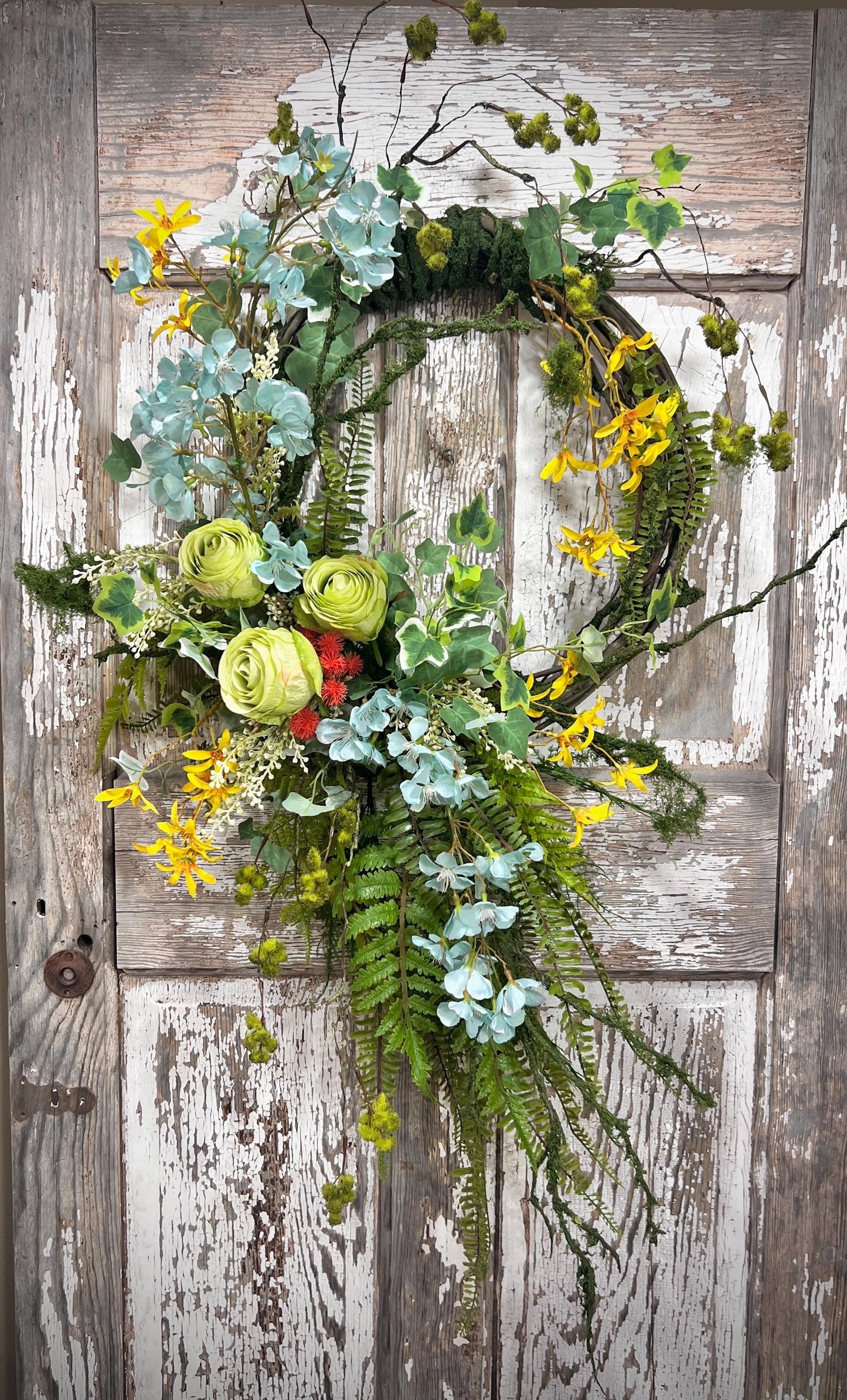 Handmade Spring Floral Wreath - Large vine Grapevine, sturdy moss ropping.