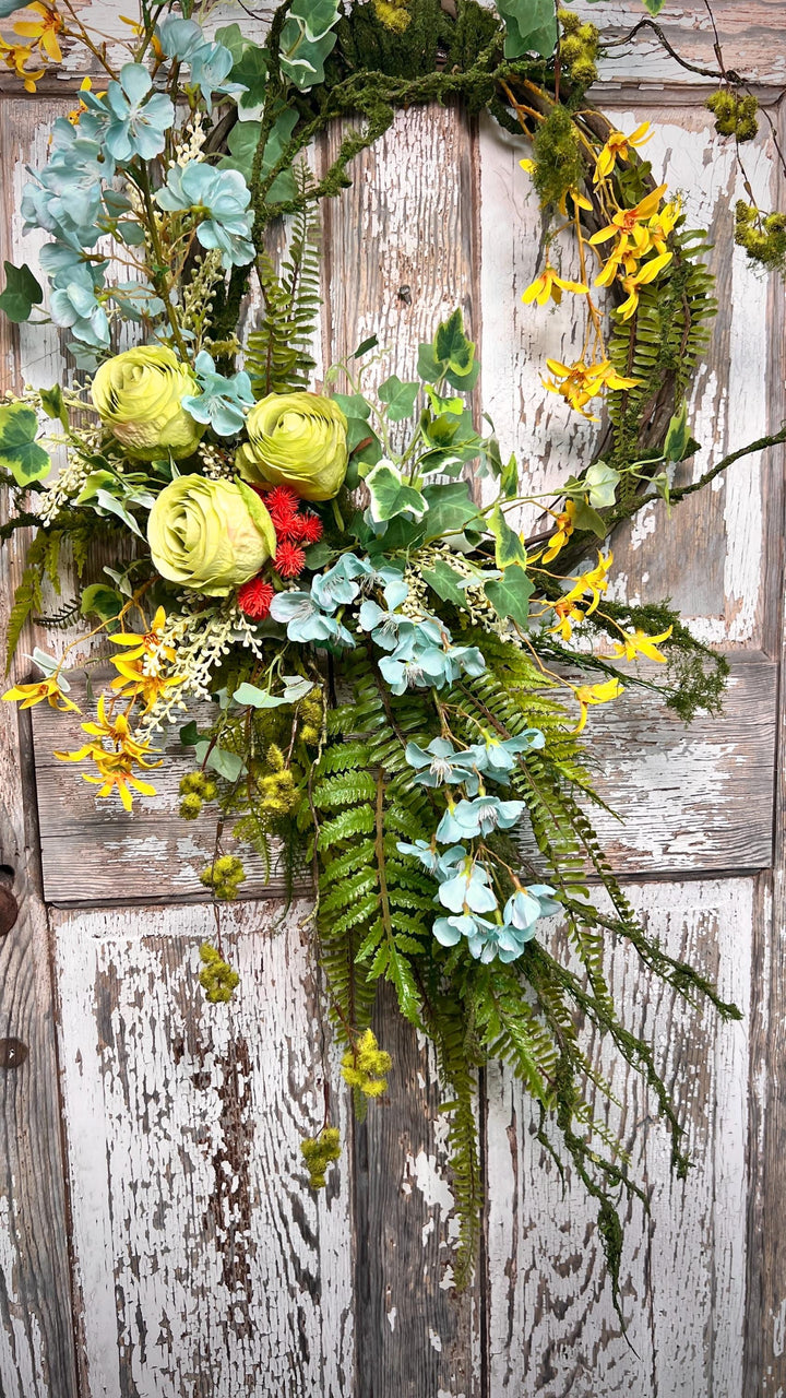 Handmade Spring Floral Wreath - Large vine Grapevine, sturdy moss ropping.