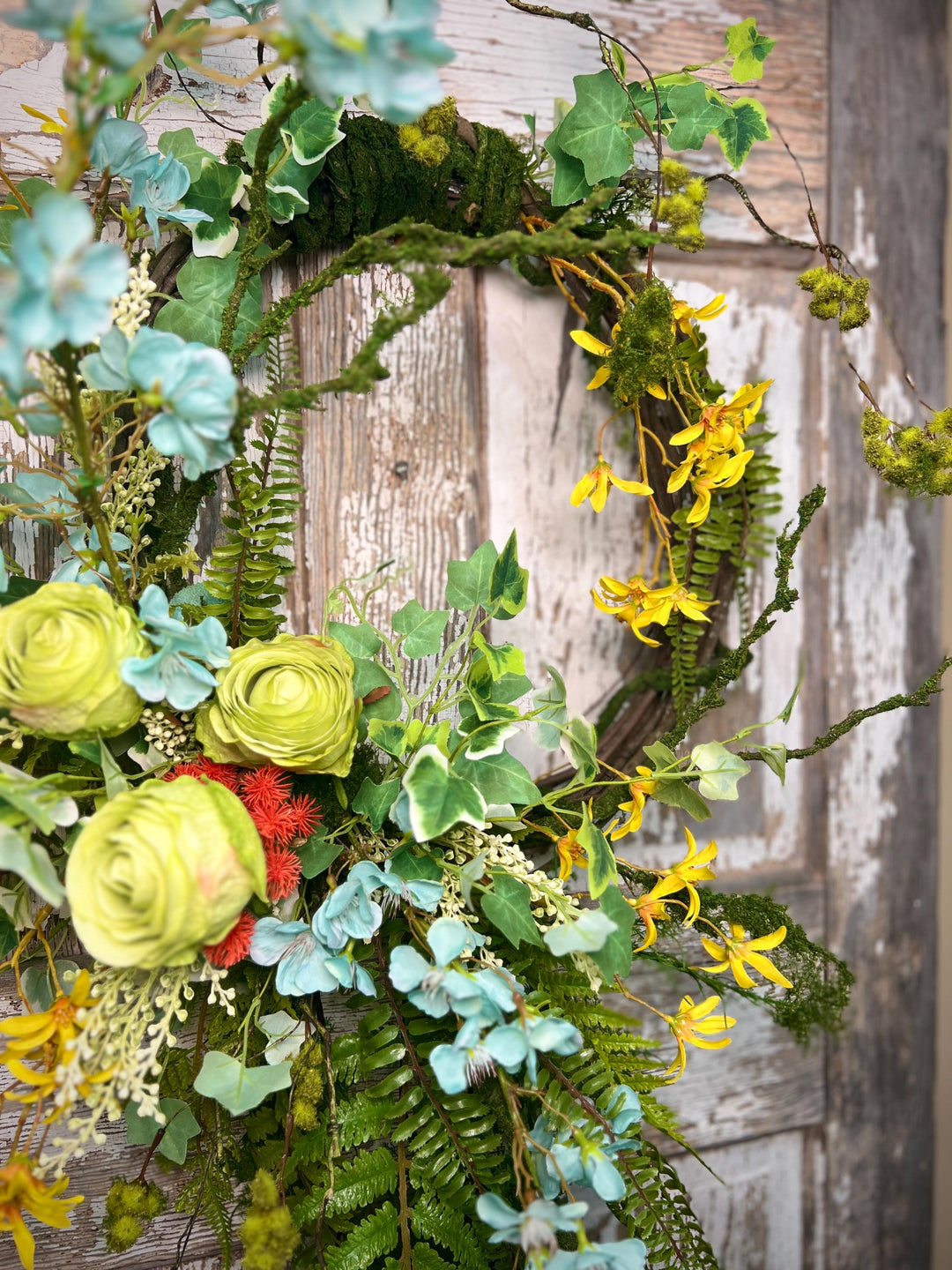 Handmade Spring Floral Wreath - Large vine Grapevine, sturdy moss ropping.