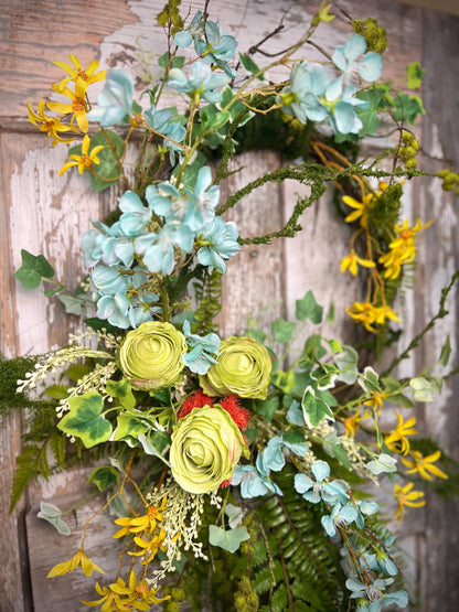 Handmade Spring Floral Wreath - Large vine Grapevine, sturdy moss ropping.