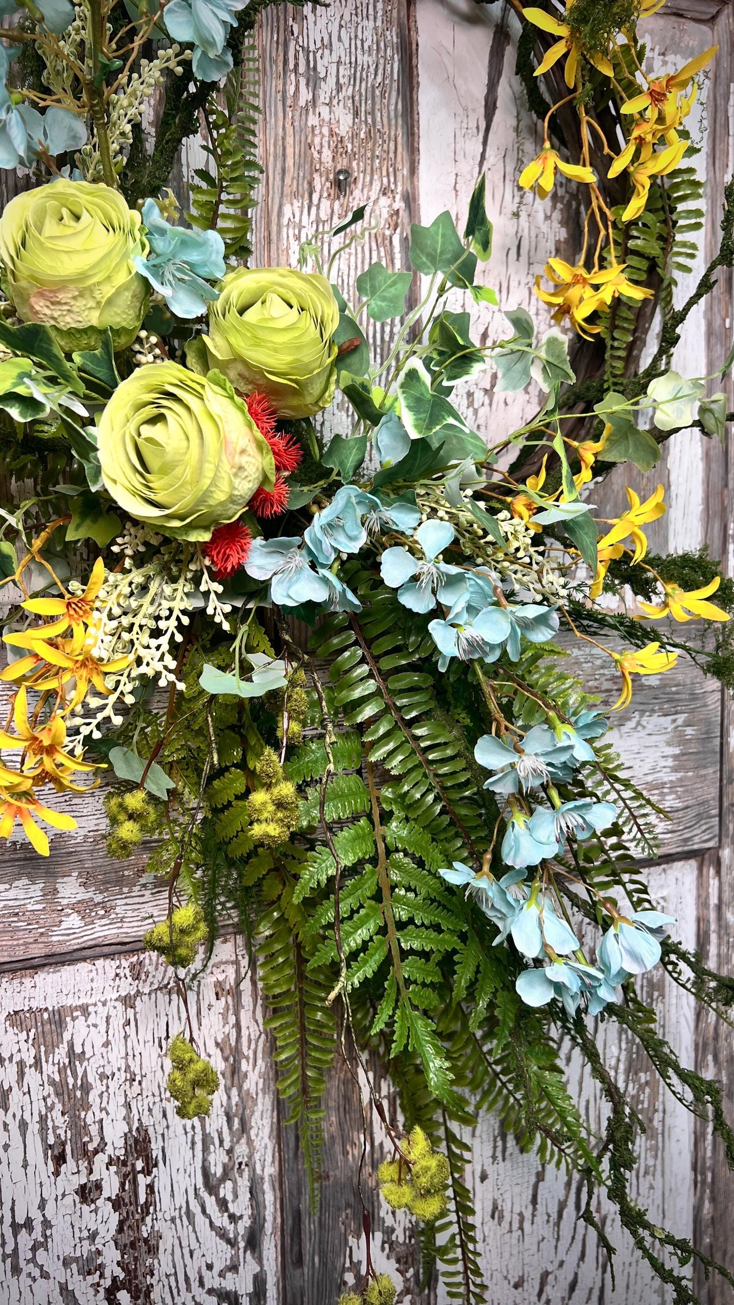 Handmade Spring Floral Wreath - Large vine Grapevine, sturdy moss ropping.