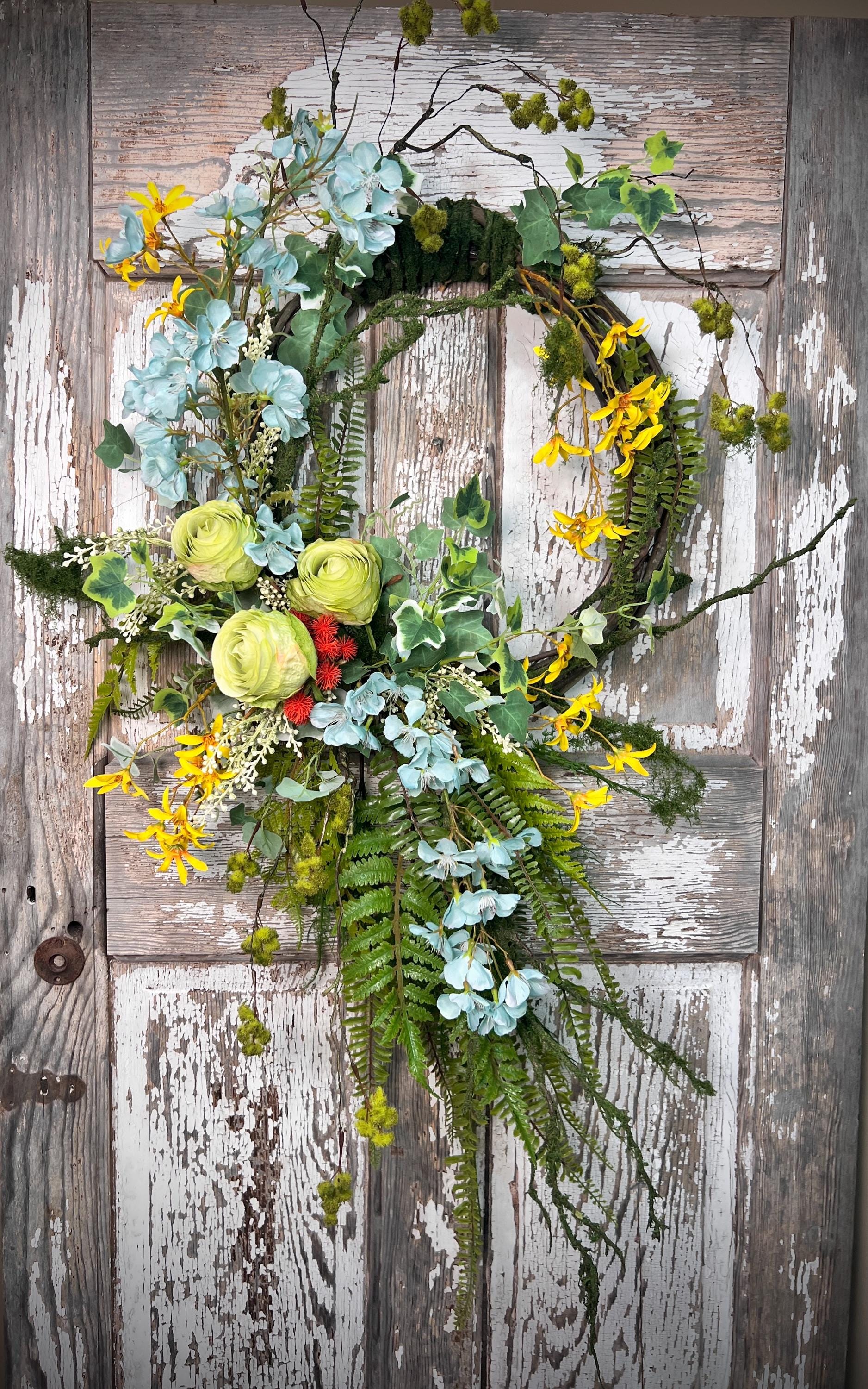 Handmade Spring Floral Wreath - Large vine Grapevine, sturdy moss ropping.