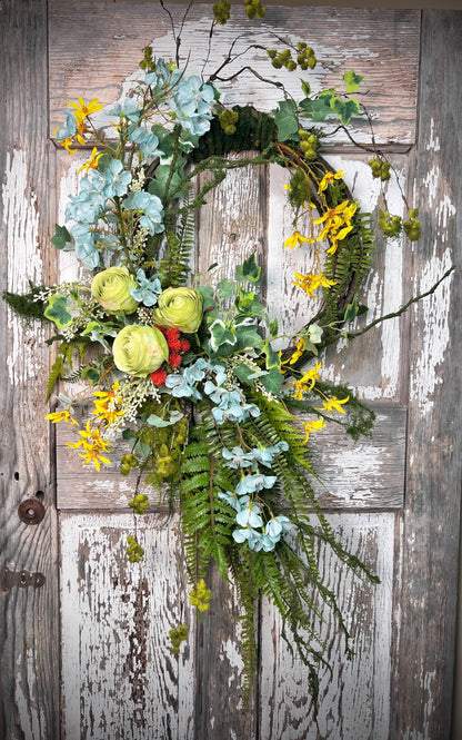Handmade Spring Floral Wreath - Large vine Grapevine, sturdy moss ropping.