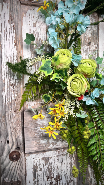 Handmade Spring Floral Wreath - Large vine Grapevine, sturdy moss ropping.