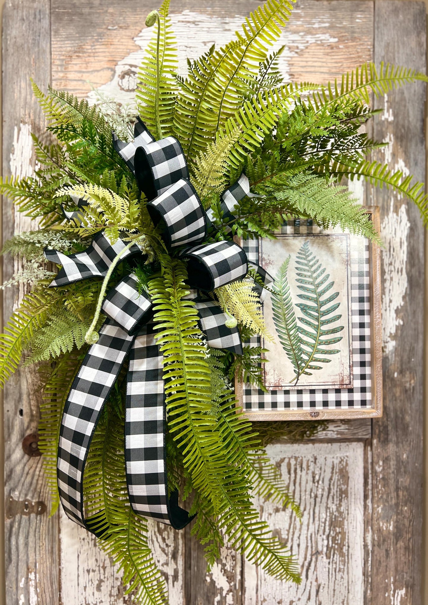 Designer Twig Fern Wreath with wooden fern picture - Top Tier Designer buffalo check bow