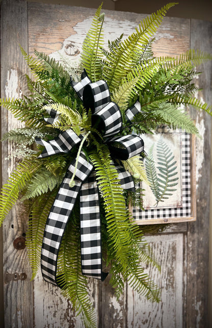 Designer Twig Fern Wreath with wooden fern picture - Top Tier Designer buffalo check bow