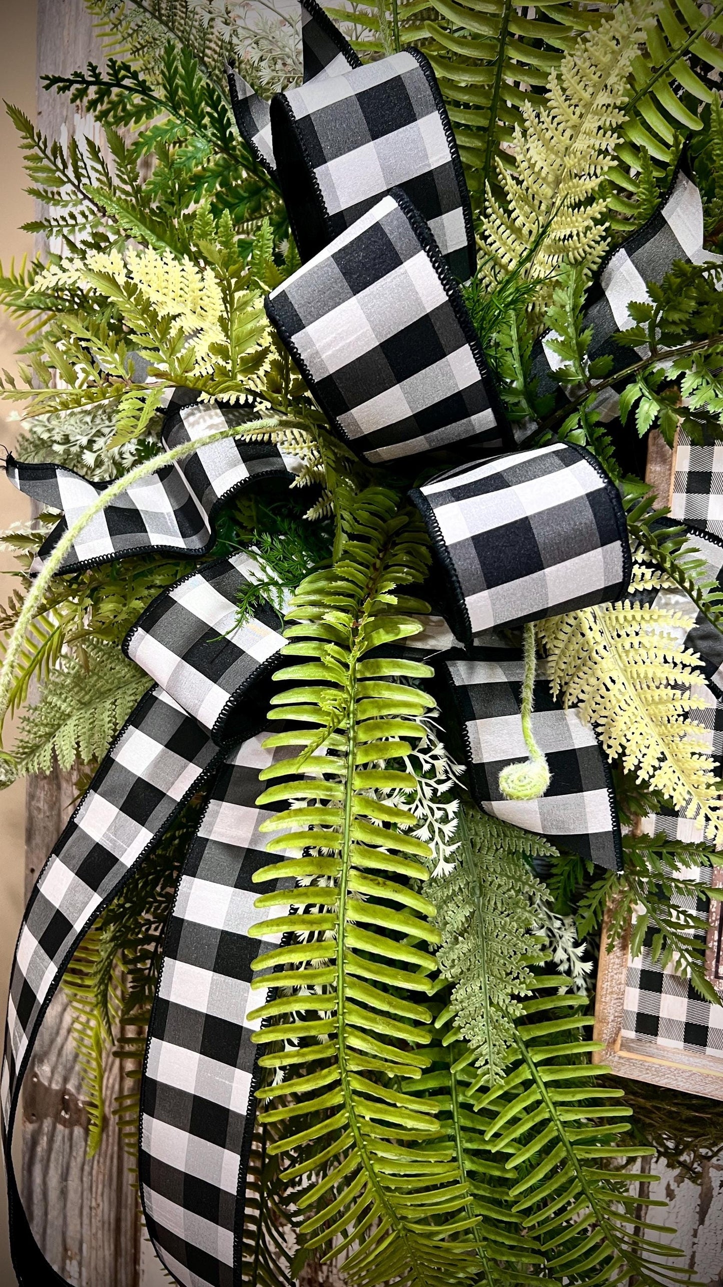 Designer Twig Fern Wreath with wooden fern picture - Top Tier Designer buffalo check bow