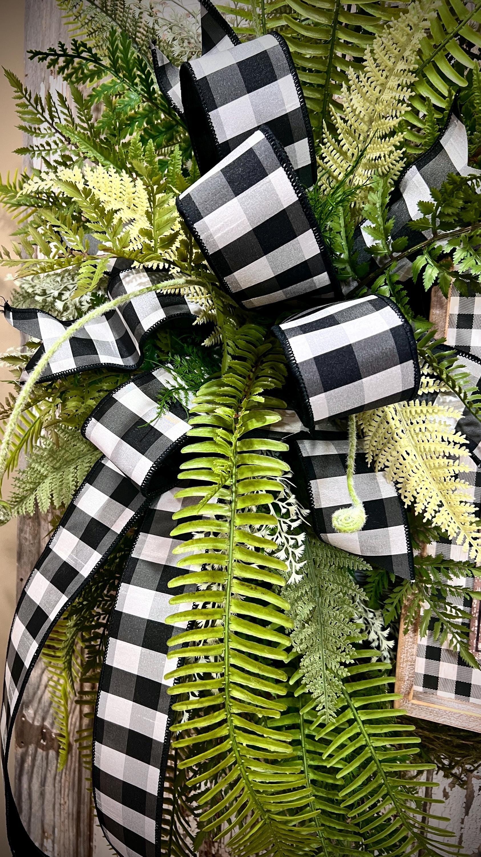 Designer Twig Fern Wreath with wooden fern picture - Top Tier Designer buffalo check bow