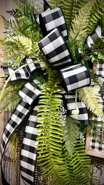 Designer Twig Fern Wreath with wooden fern picture - Top Tier Designer buffalo check bow