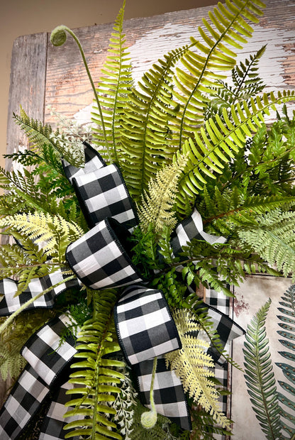 Designer Twig Fern Wreath with wooden fern picture - Top Tier Designer buffalo check bow