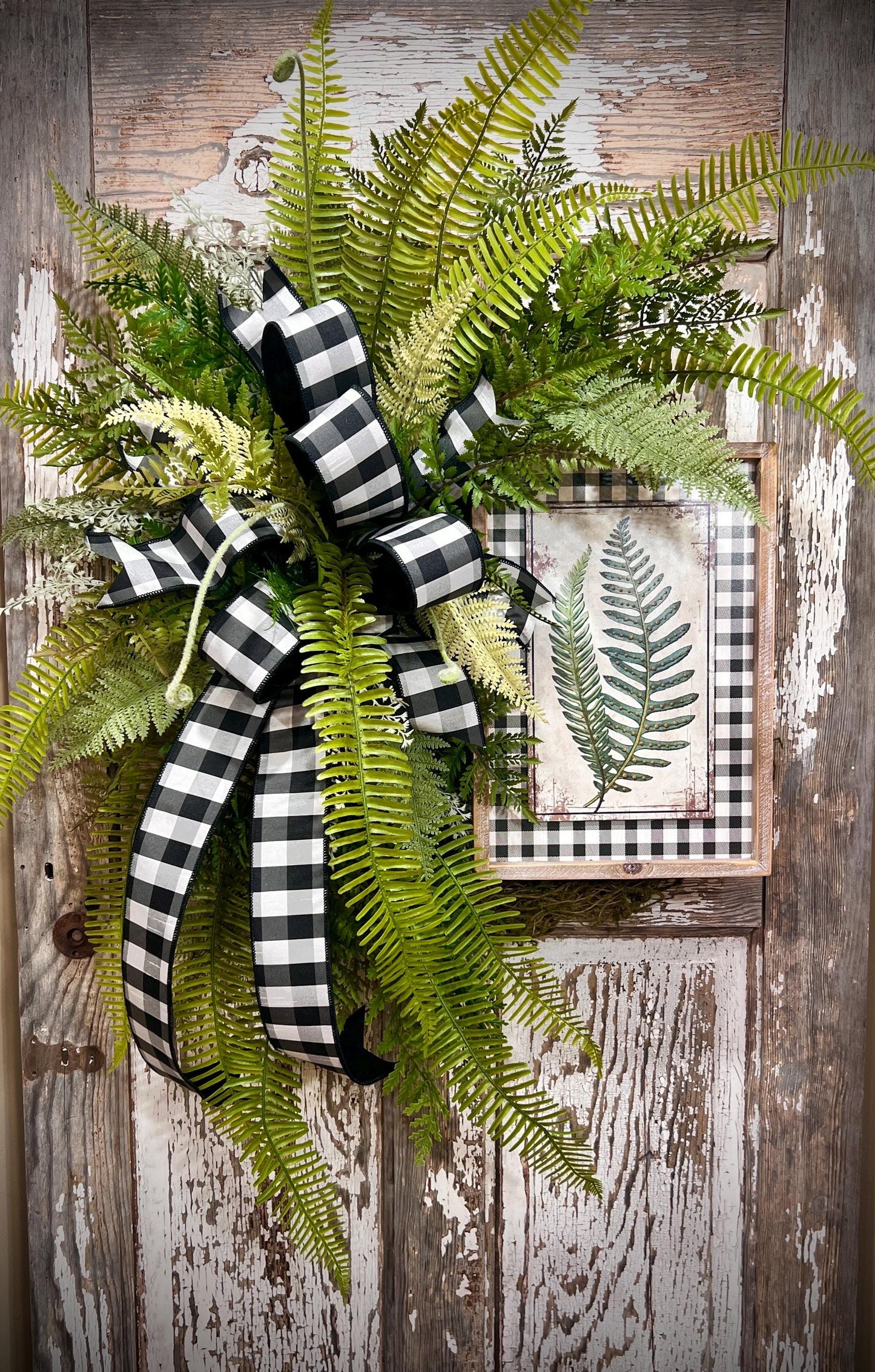 Designer Twig Fern Wreath with wooden fern picture - Top Tier Designer buffalo check bow