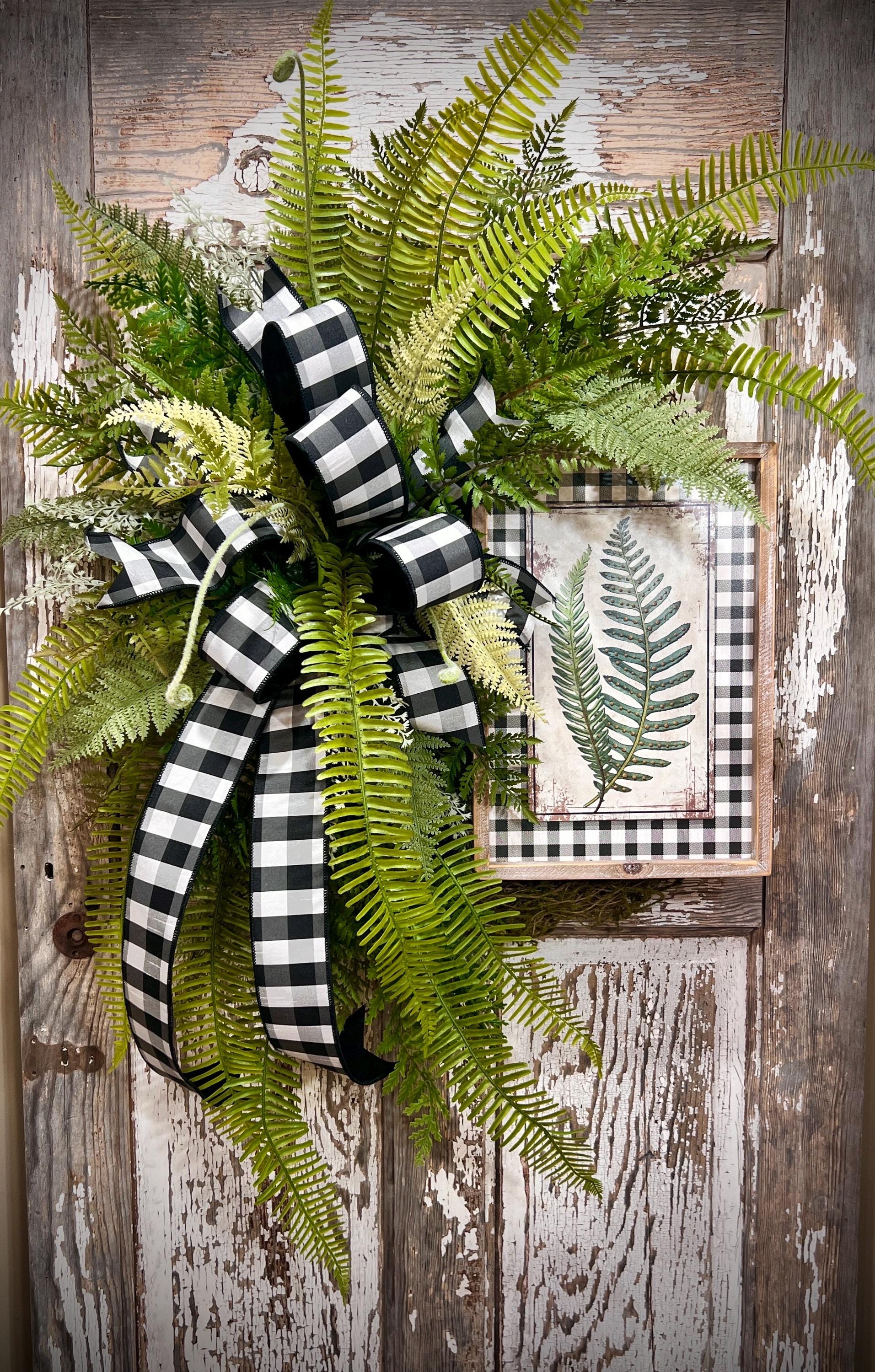 Designer Twig Fern Wreath with wooden fern picture - Top Tier Designer buffalo check bow