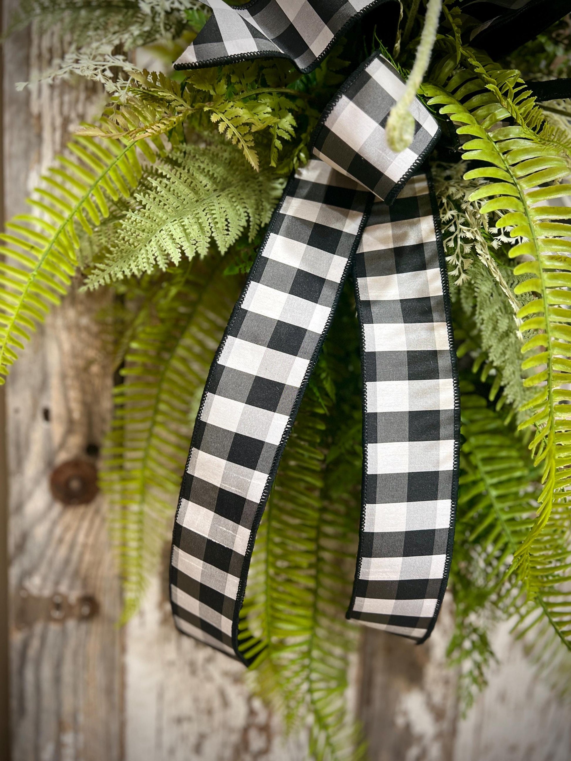 Designer Twig Fern Wreath with wooden fern picture - Top Tier Designer buffalo check bow