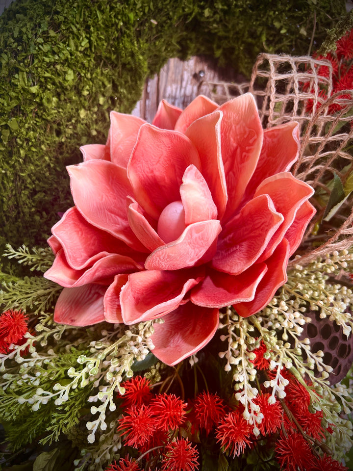 Spring Lotus Blossom Moss Wreath - Meadow Thistle with Natural Jute Netting