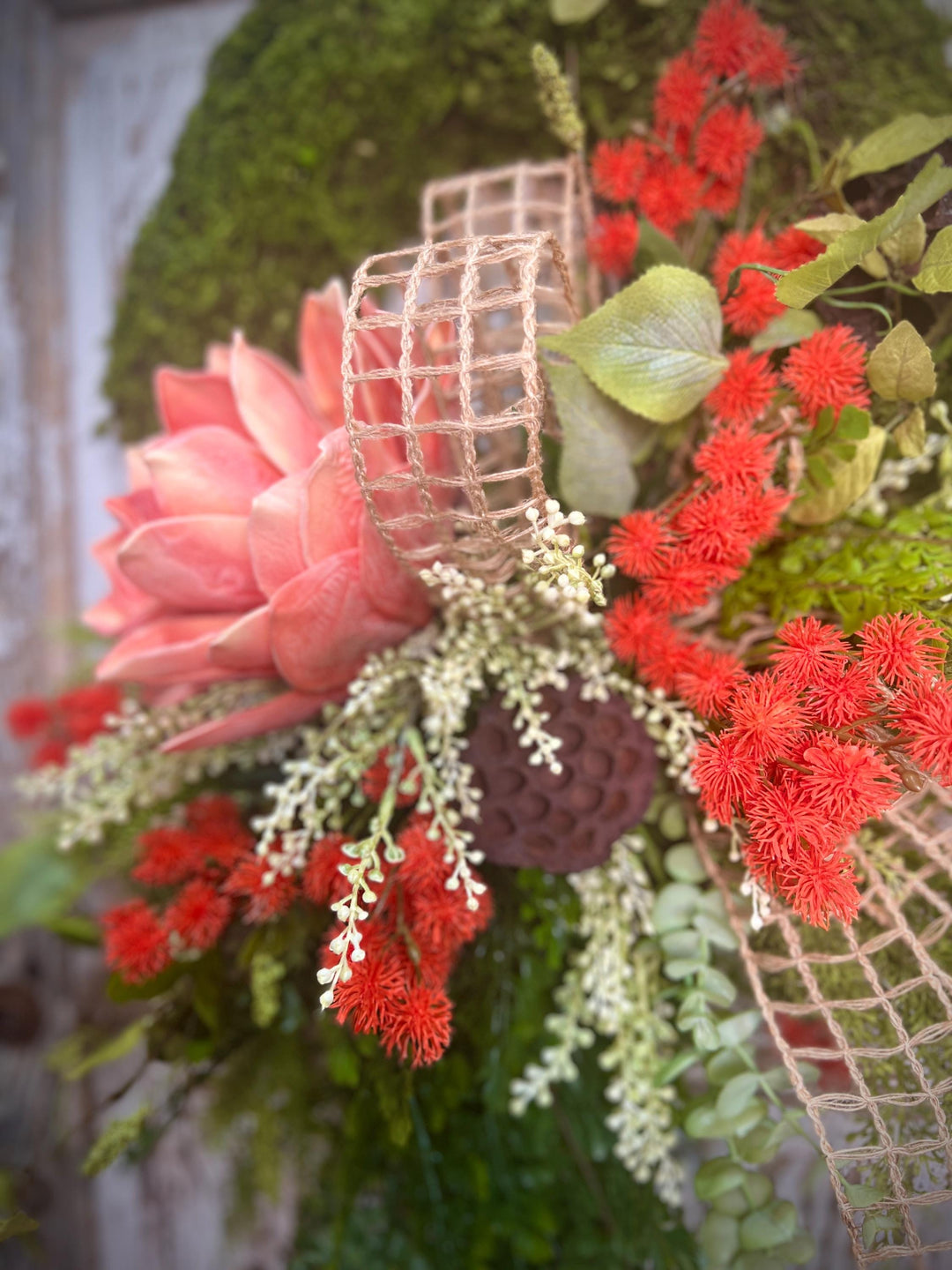 Spring Lotus Blossom Moss Wreath - Meadow Thistle with Natural Jute Netting