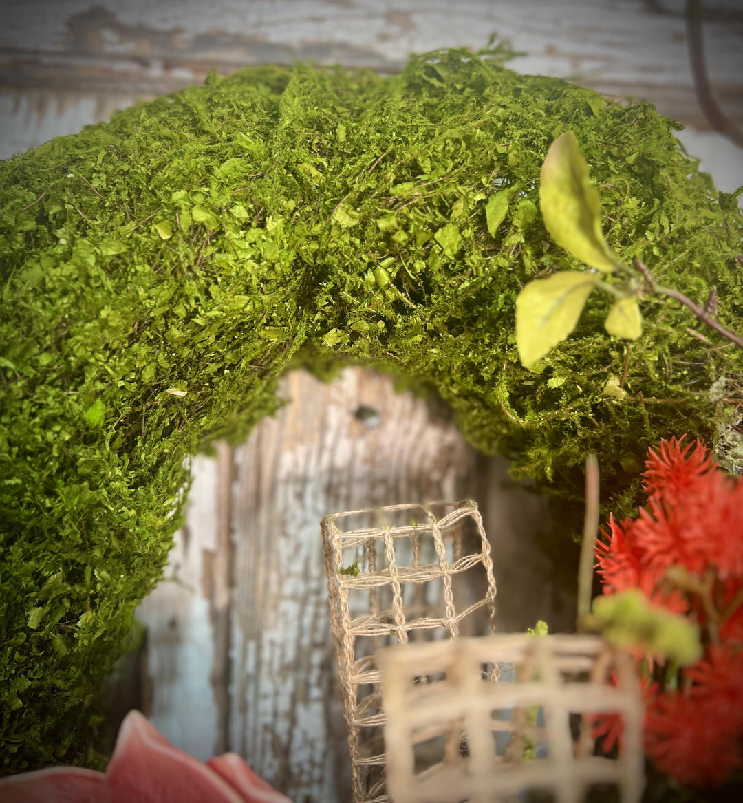 Spring Lotus Blossom Moss Wreath - Meadow Thistle with Natural Jute Netting