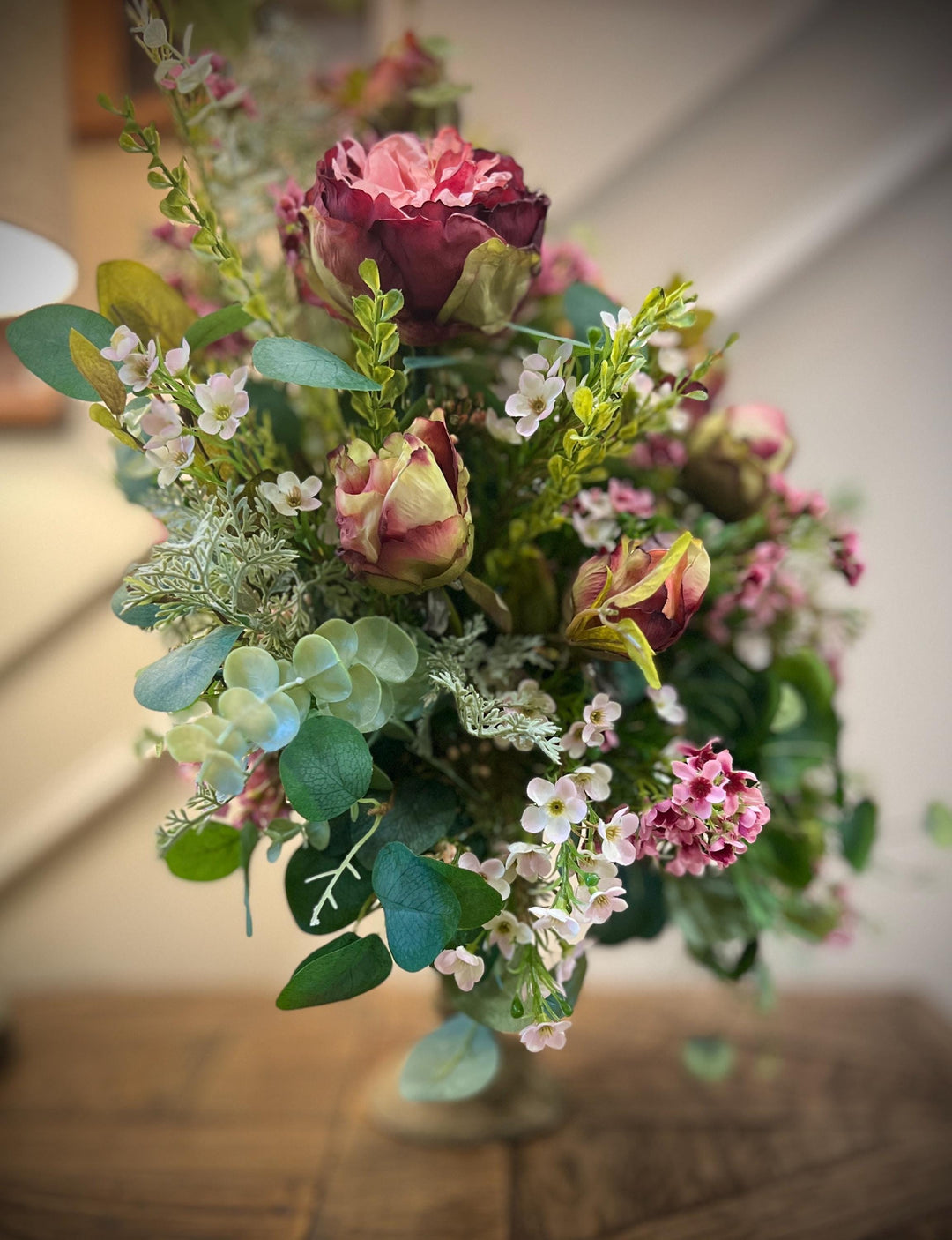 Cabbage Rose Table Arrangement - Vintage Container- Front Facing Arrangement