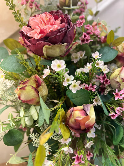 Cabbage Rose Table Arrangement - Vintage Container- Front Facing Arrangement