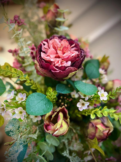 Cabbage Rose Table Arrangement - Vintage Container- Front Facing Arrangement