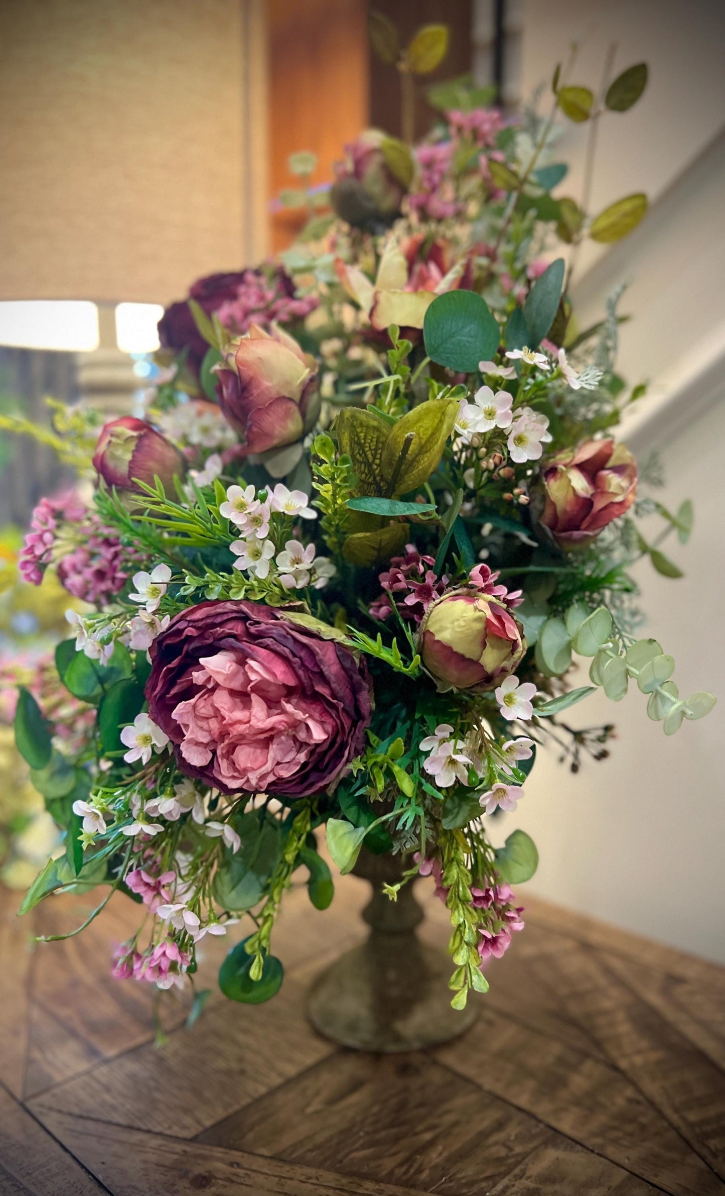 Cabbage Rose Table Arrangement - Vintage Container- Front Facing Arrangement