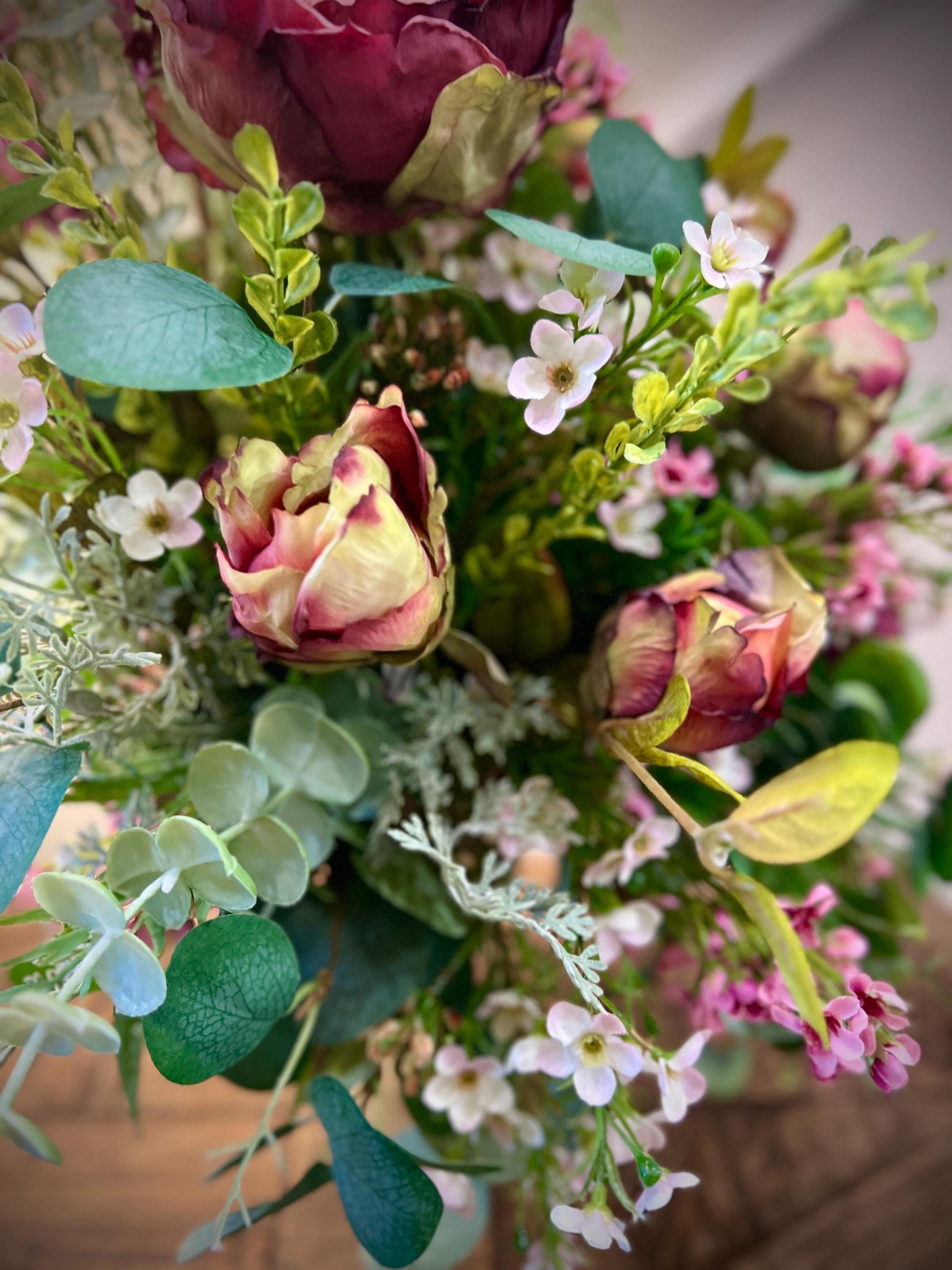 Cabbage Rose Table Arrangement - Vintage Container- Front Facing Arrangement