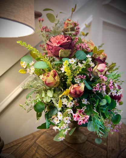Cabbage Rose Table Arrangement - Vintage Container- Front Facing Arrangement