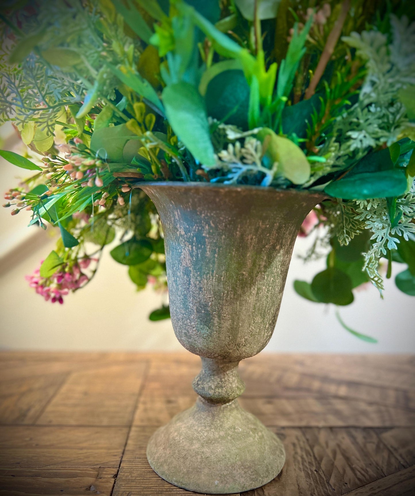 Cabbage Rose Table Arrangement - Vintage Container- Front Facing Arrangement