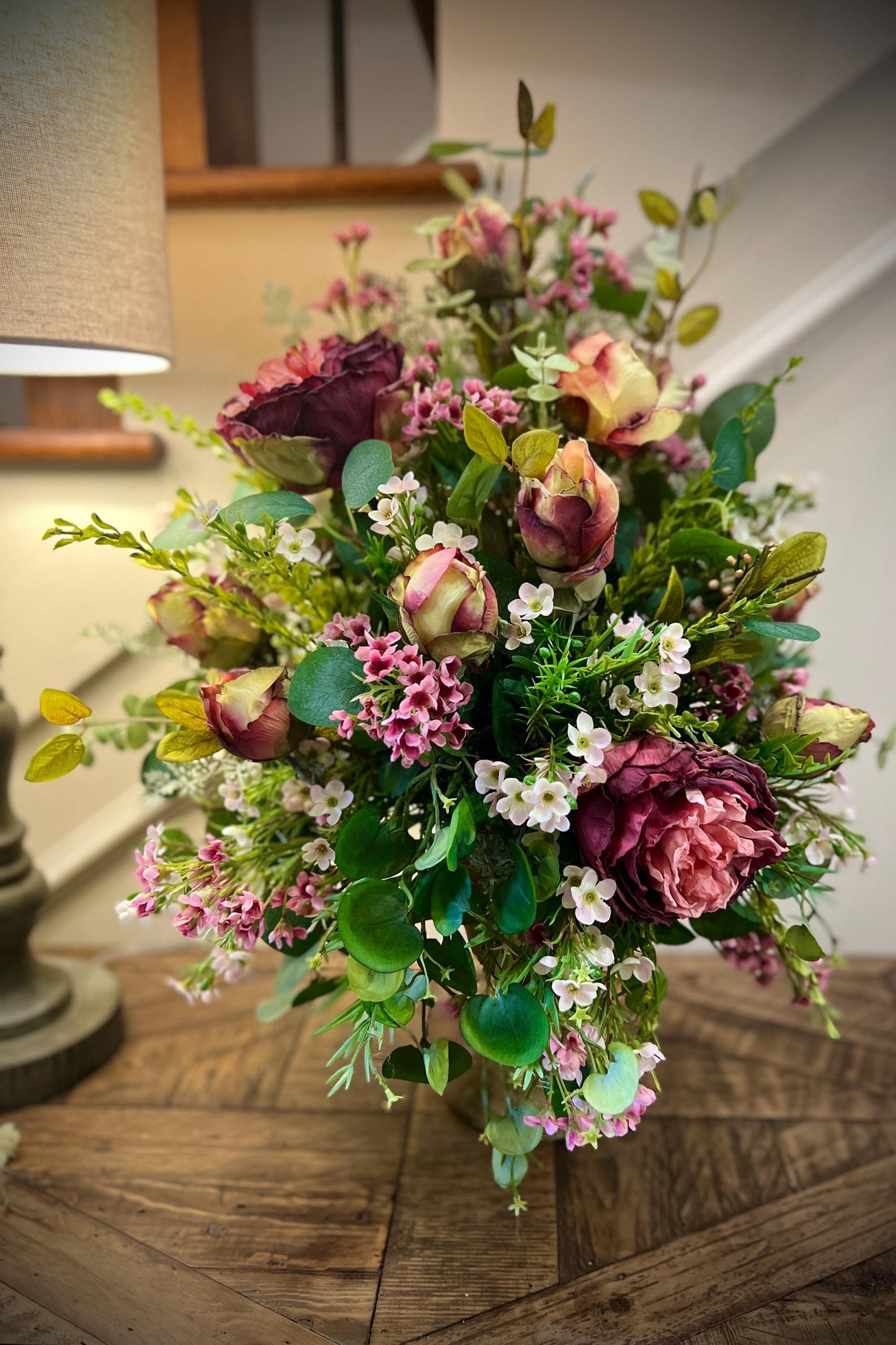 Cabbage Rose Table Arrangement - Vintage Container- Front Facing Arrangement