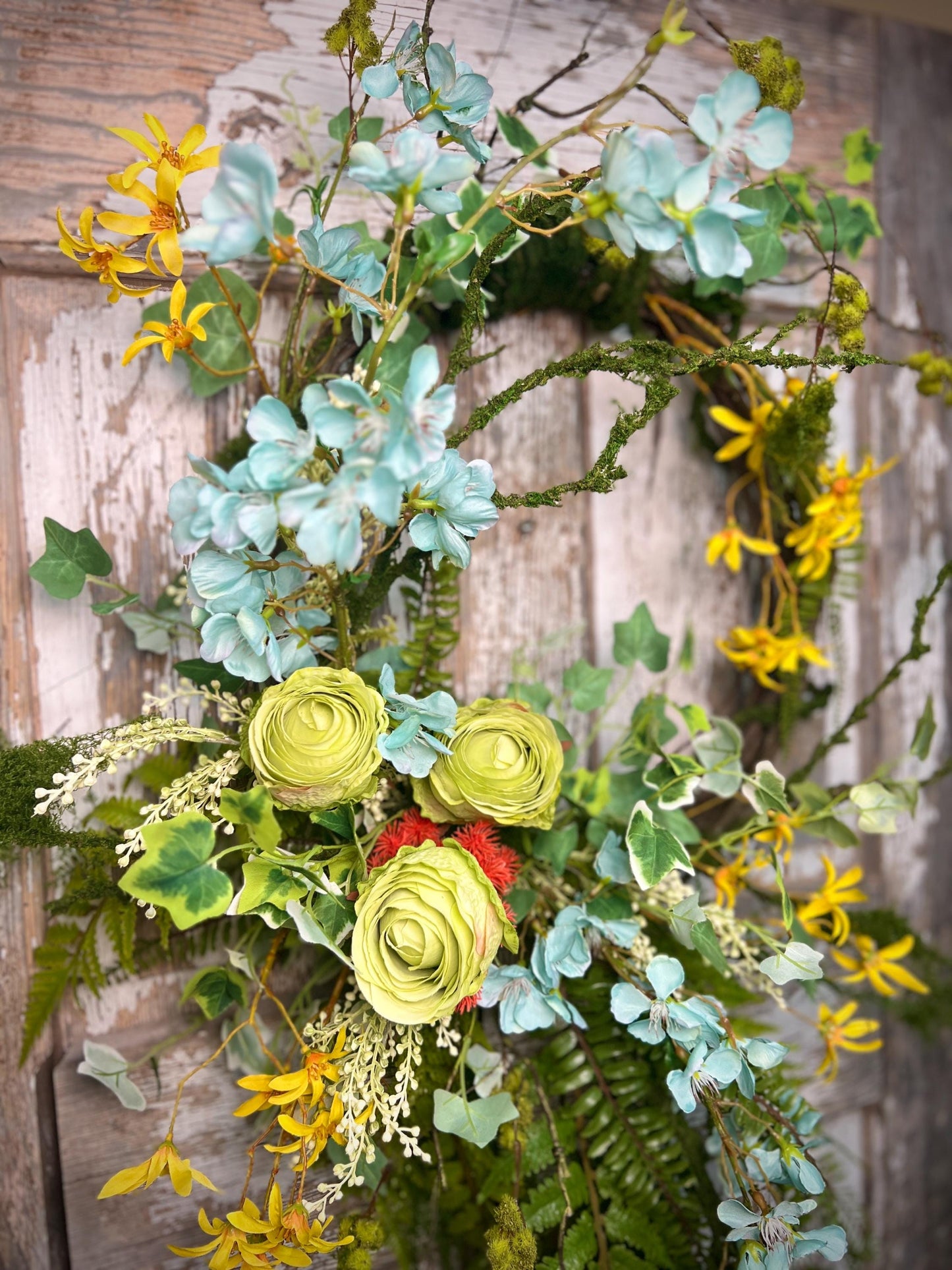 Handmade Spring Floral Wreath - Large vine Grapevine, sturdy moss ropping.