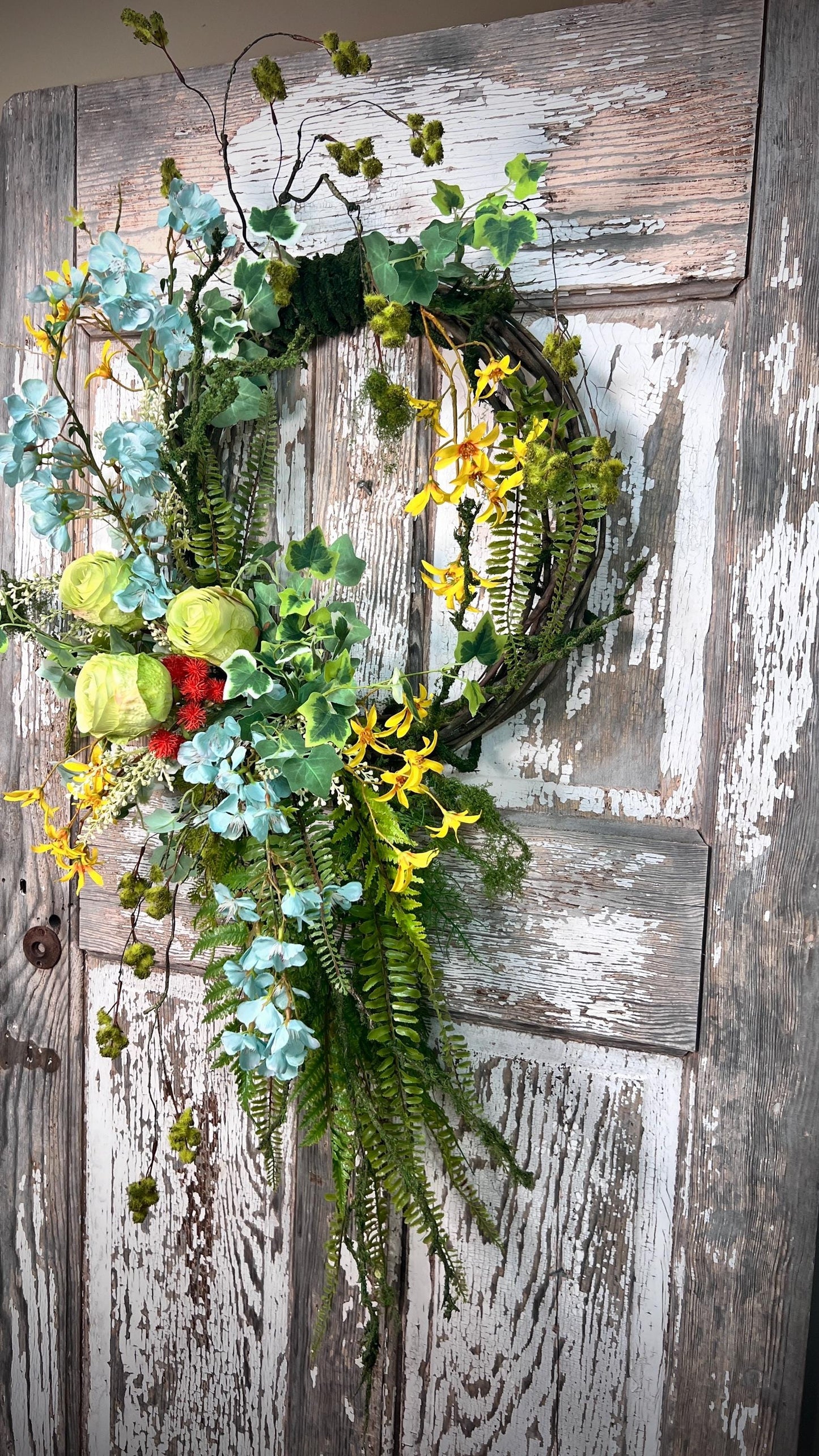 Handmade Spring Floral Wreath - Large vine Grapevine, sturdy moss ropping.