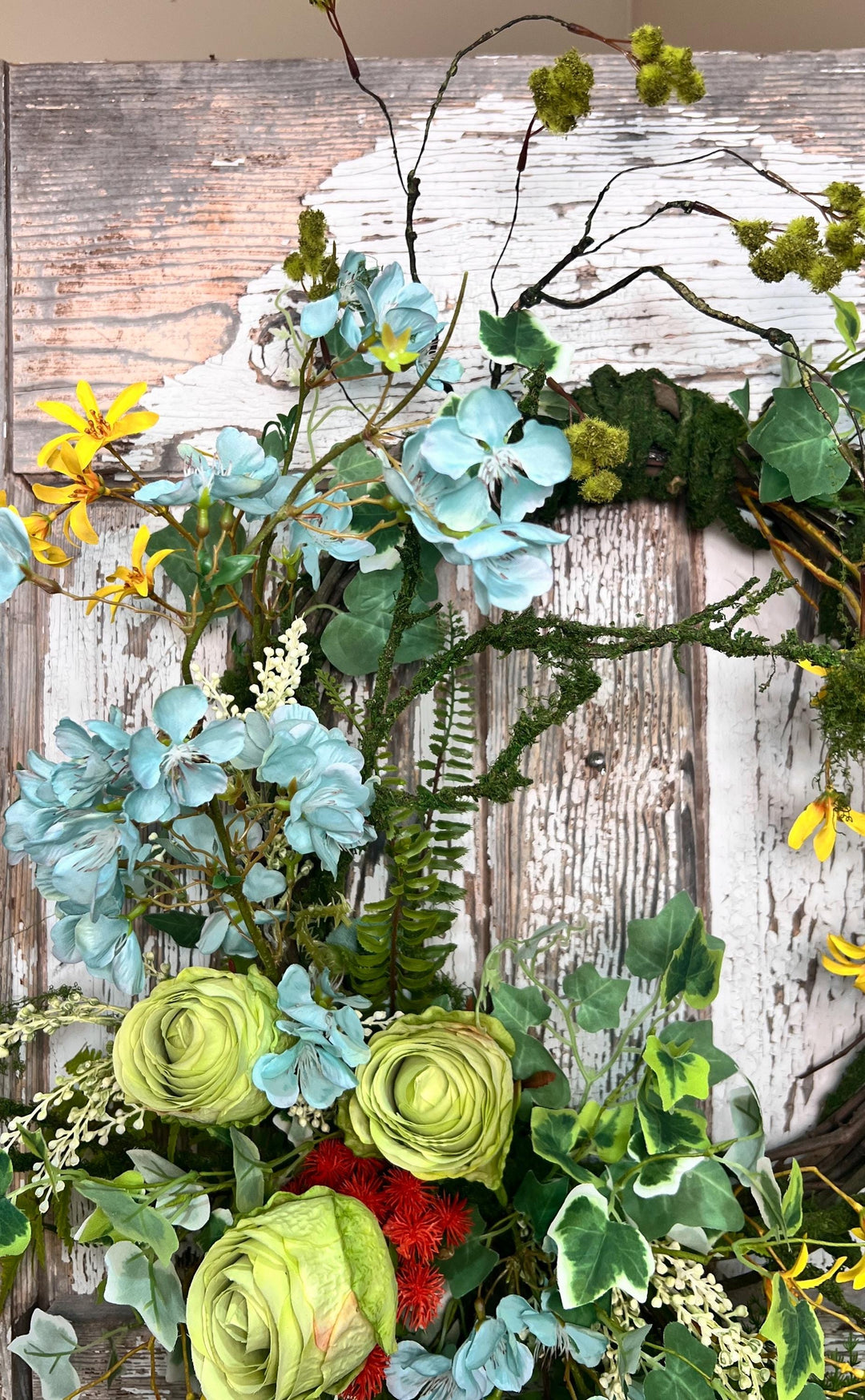 Handmade Spring Floral Wreath - Large vine Grapevine, sturdy moss ropping.