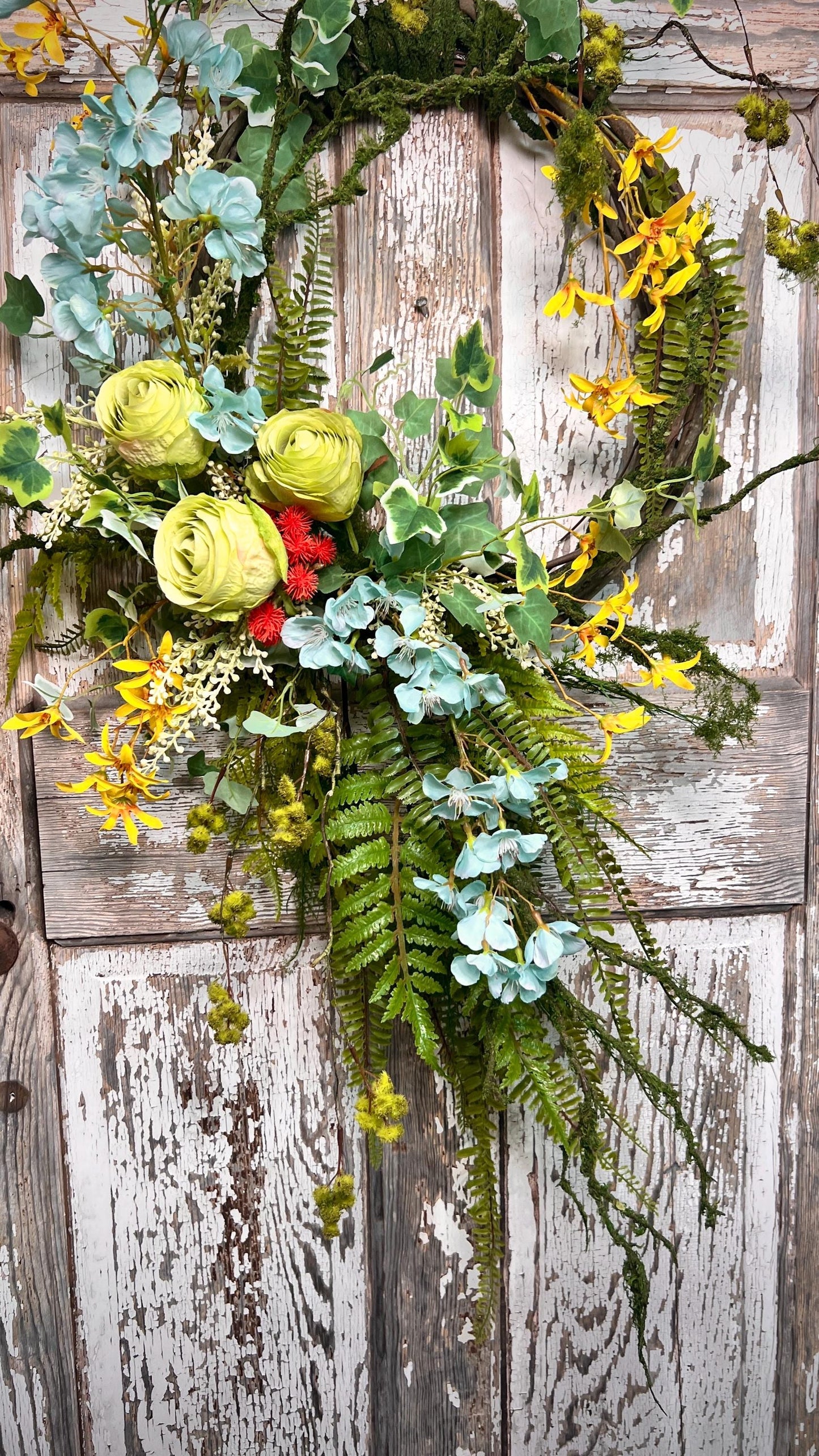 Handmade Spring Floral Wreath - Large vine Grapevine, sturdy moss ropping.
