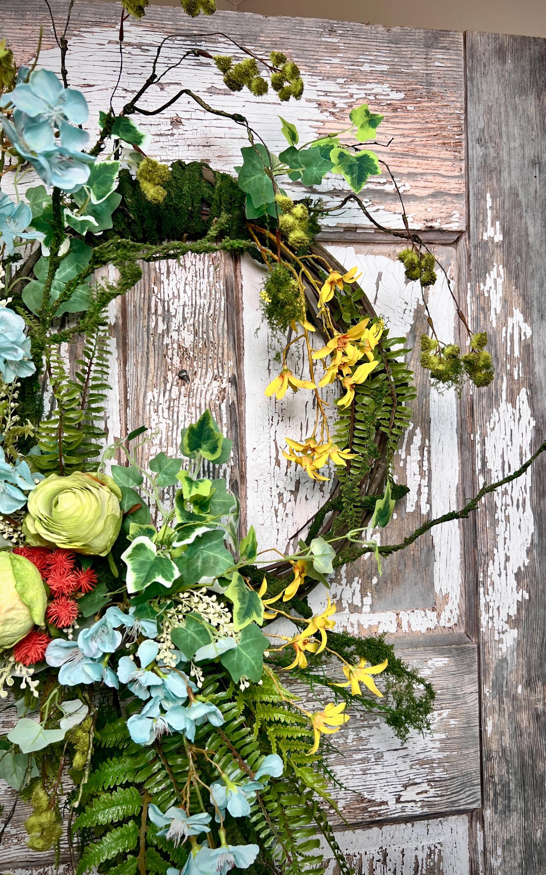 Handmade Spring Floral Wreath - Large vine Grapevine, sturdy moss ropping.