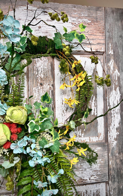 Handmade Spring Floral Wreath - Large vine Grapevine, sturdy moss ropping.