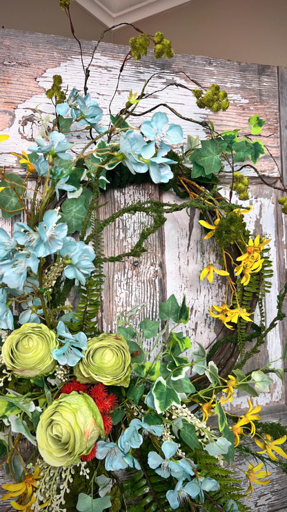 Handmade Spring Floral Wreath - Large vine Grapevine, sturdy moss ropping.