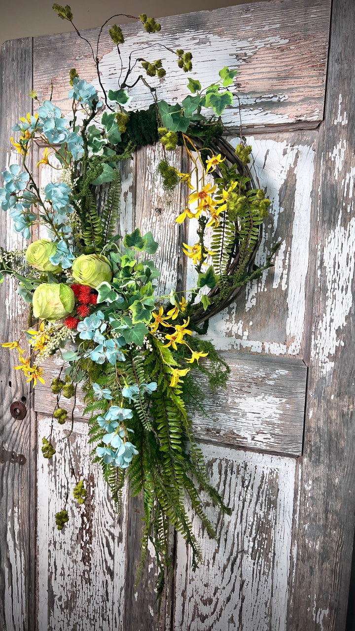 Handmade Spring Floral Wreath - Large vine Grapevine, sturdy moss ropping.