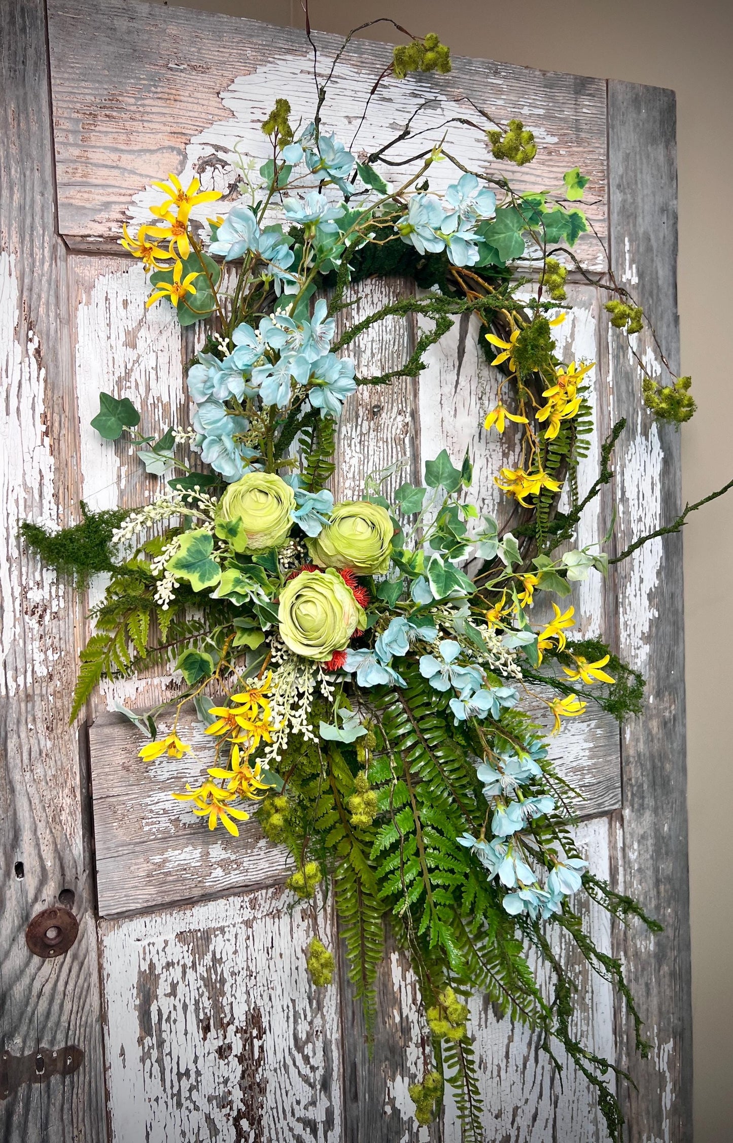 Handmade Spring Floral Wreath - Large vine Grapevine, sturdy moss ropping.