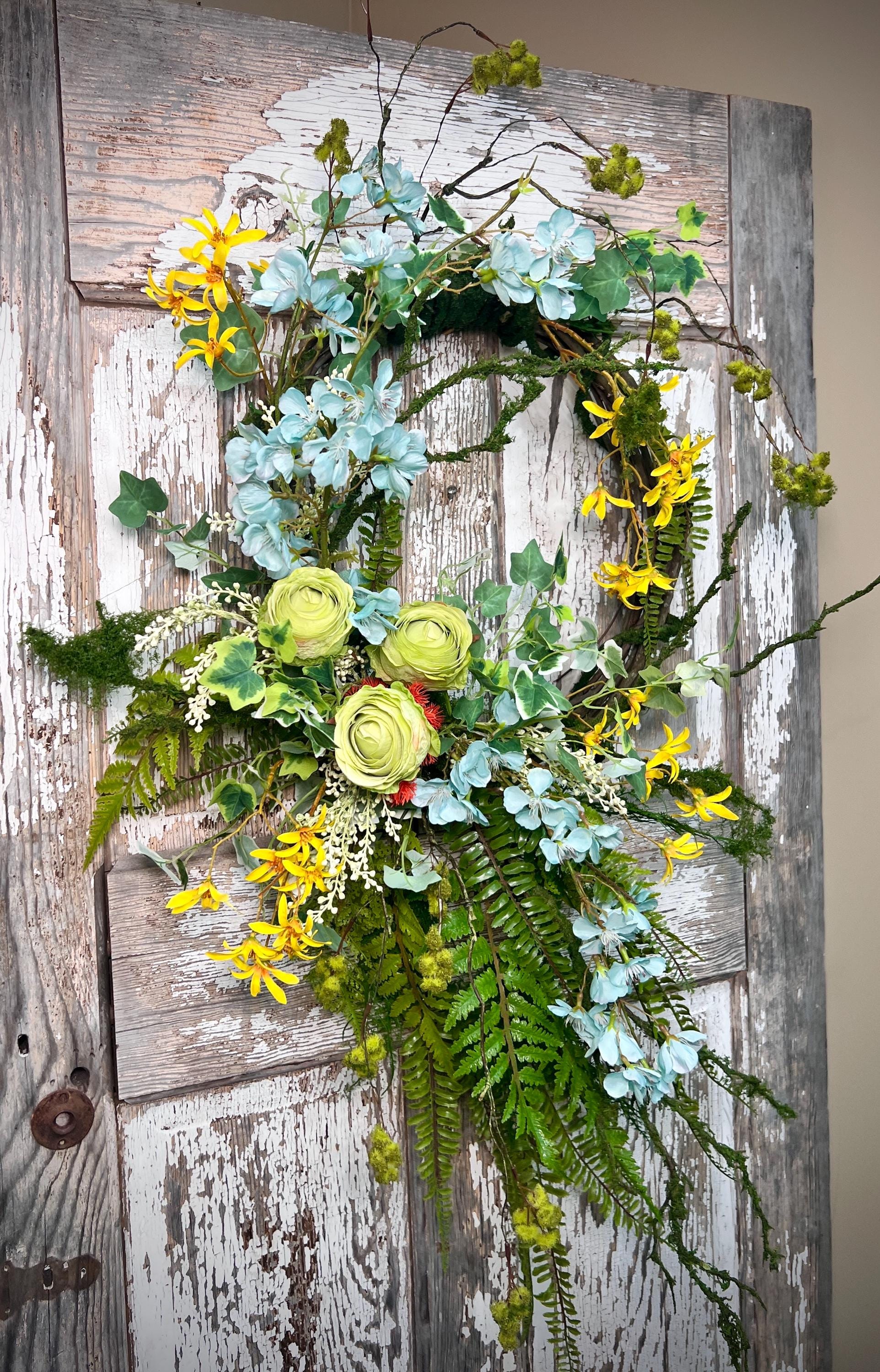 Handmade Spring Floral Wreath - Large vine Grapevine, sturdy moss ropping.