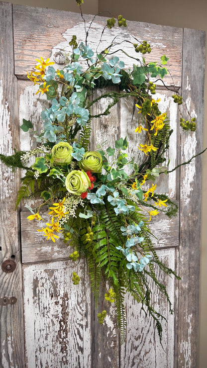 Handmade Spring Floral Wreath - Large vine Grapevine, sturdy moss ropping.